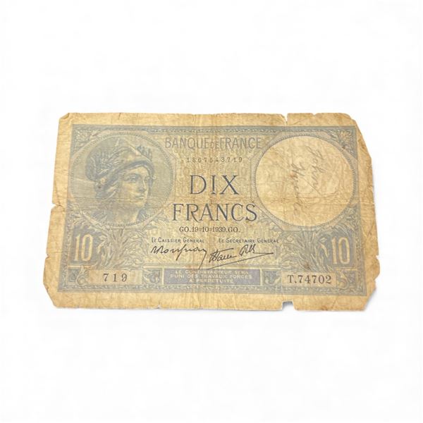 Vintage Banque de France Dix Francs Banknote - Circulated Currency