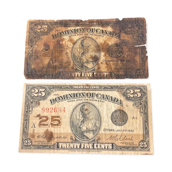 2 Dominion of Canada 25 Cent "Shinplaster" Banknotes - 1 is dated 1923 and the other date is illegib