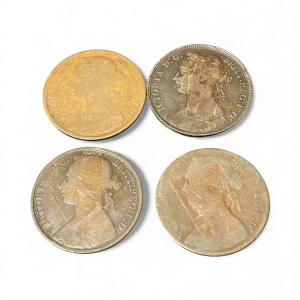 4 Great Britian One Penny Coins - Young Queen Victoria - (1869, 82 ,90, and 1893) - Circulated