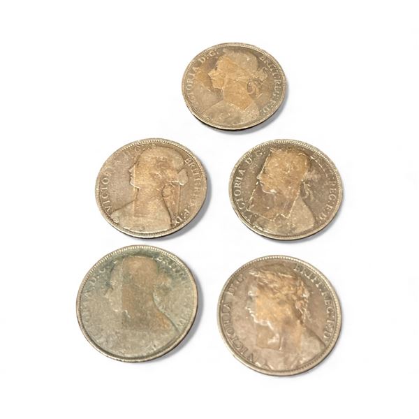 5 Great Britian One Penny Coins -  Young Queen Victoria -(1867, 81, 87, 89, and 1890) - Circulated