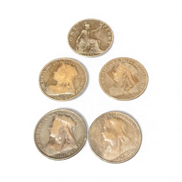 5 Great Britian One Penny Coins -  Queen Victoria - (1890, 96, 97, 1900, and 1901) - Circulated