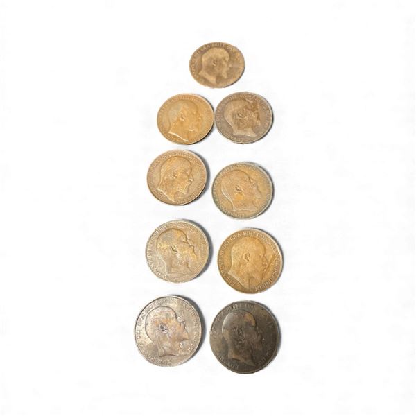 9 Great Britian One Penny Coins - King Edward VII - (1902,  2 x 04, 05, 06, 07, 08, 09, and 1910) - 
