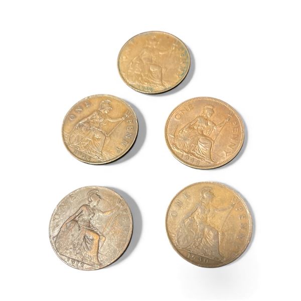 5 Great Britian One Penny Coins - King George V - (1912,  16, 30, 36,  and 1944) - Circulated