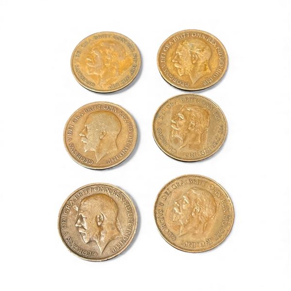 6 Great Britian One Penny Coins - King George V - (1913,  19, 20, 27,  28, and 1931) - Circulated