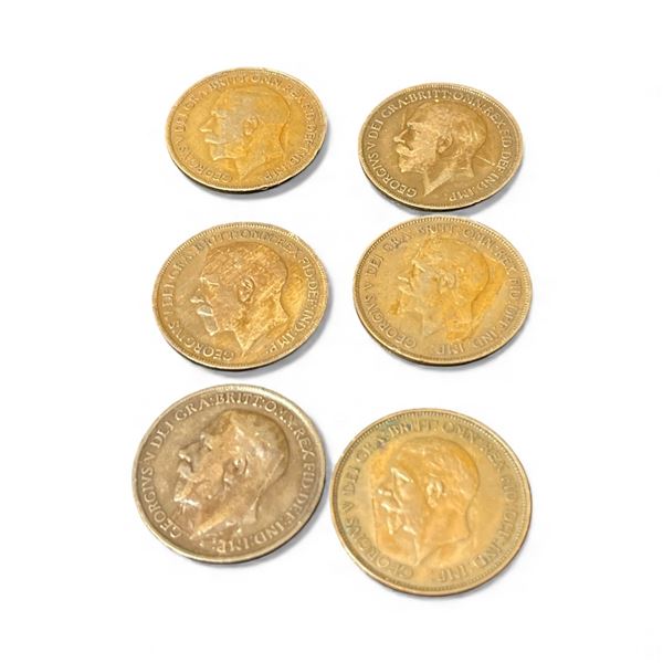6 Great Britian One Penny Coins - King George V - (1911  15, 18, 21,  29, and 1935) - Circulated