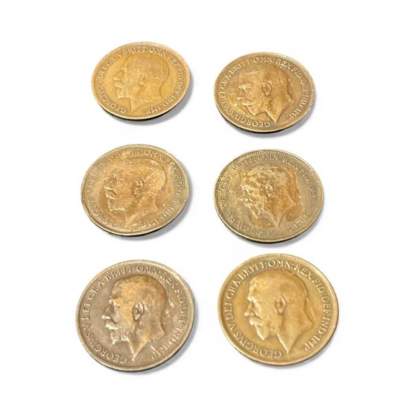 6 Great Britian One Penny Coins - King George V - (1914  16, 17, 19,  26, and 1932) - Circulated