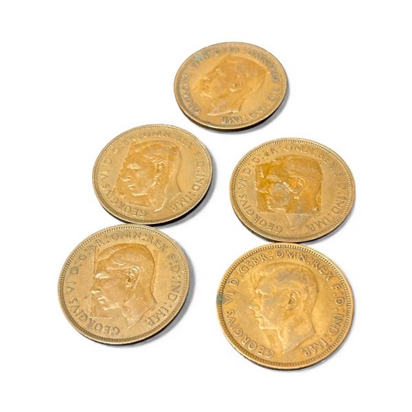 5 Great Britian One Penny Coins - King George VI - (1938, 39, 45, 46 and 1947) - Circulated