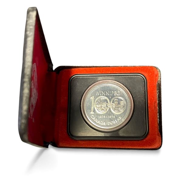 1974 Winnipeg Centennial 50% Silver Dollar Coin - Uncirculated in Original Case