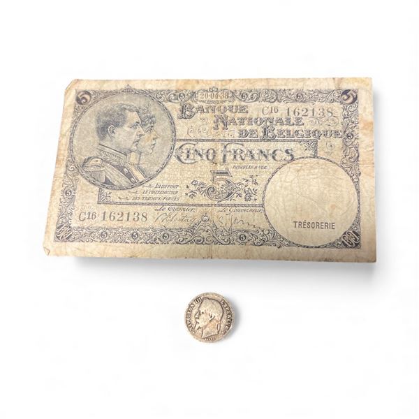 1867 Napoleon III 50 Centimes Coin (.900 Silver) & 1938 Belgium 5 Francs Banknote - Circulated
