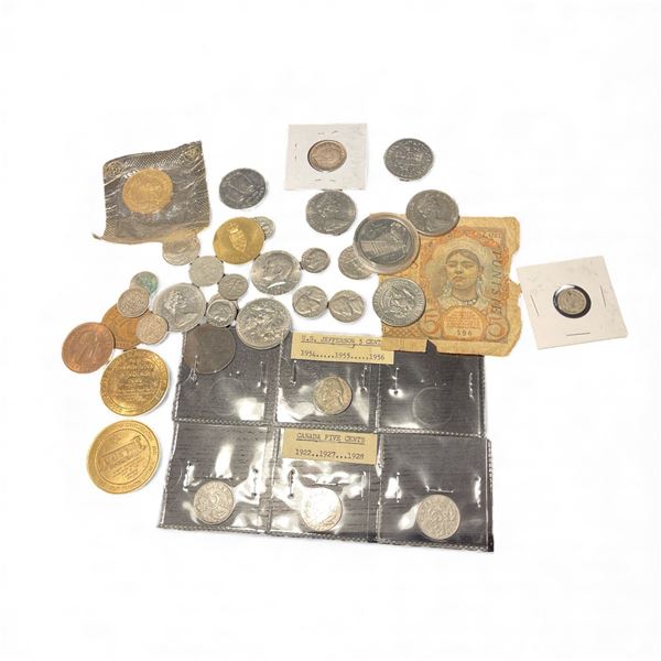 10 Ounce Bag of North American Coins and Tokens - Also includes 2 torn foreign banknote pieces -