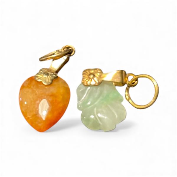 1 Jade and 1 Carnelian Charm with Gold Bales - Bales are unstamped