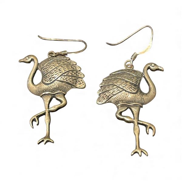 Pair of Sterling Silver Flamingo Earrings on Shepard's Hooks - 1.5" long - Total weight: 6 grams