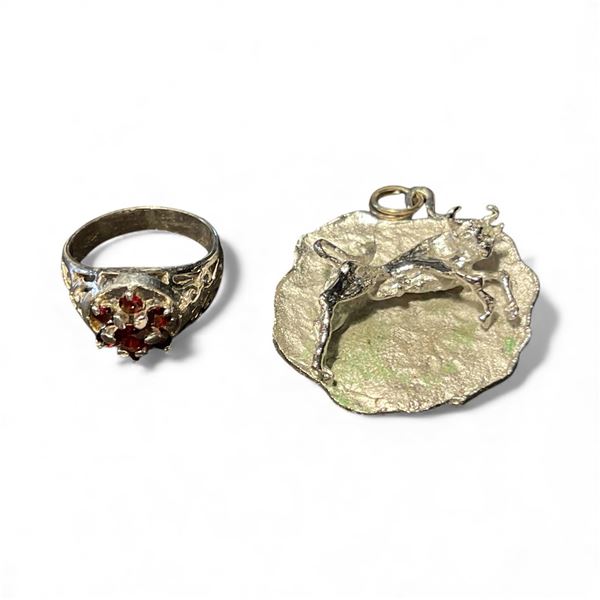 Sterling Silver Taurus Pendant and Sterling & Garnet Ring (Size 6) - Total weight: 12.5 grams