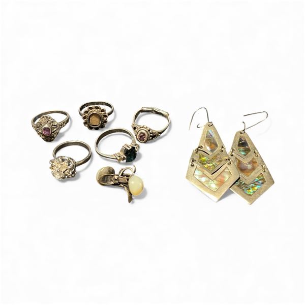 Mexican Silve Abalone Earrings, Vintage Earrings & 5 Silver Rings - Total Weight: 21 grams