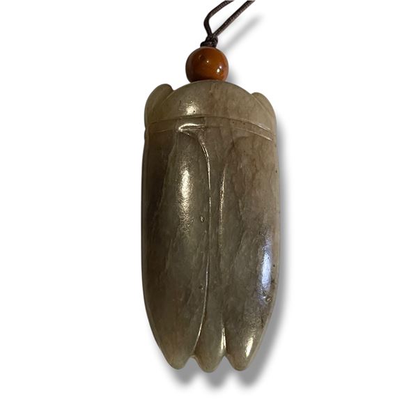 Carved Jade Chinese  Cicada Pendant - 10mm x 25mm x 42mm