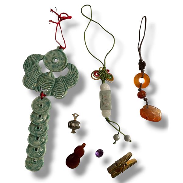 Carved Jade Chinese Bat & Coin Prosperity Pendant & 6 Other Asian Pieces (Bat Pendant is 2.5" x 5.5"