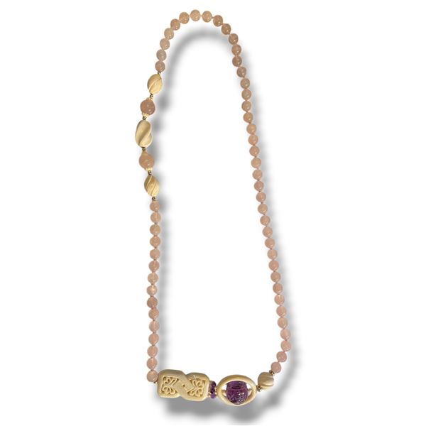 30" Rose Quartz & Carved Stone Necklace with Carved 21mm Amethyst Center Bead - (Rose Quartz beads a