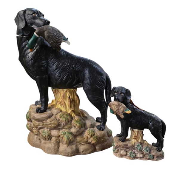 2 Vintage Ski Country Bourbon Whiskey Decanters "Black Lab Mini & Full Size Arkansas Labrador"