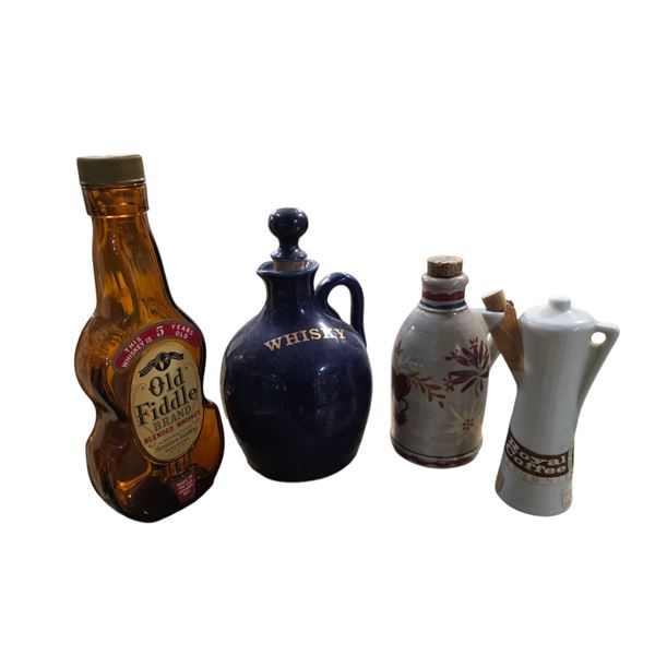 4 Vintage Liquor Decanters and Bottle - Old Fiddle 1/2 Pint, Small Blue Ceramic Whiskey Jug, Royal C