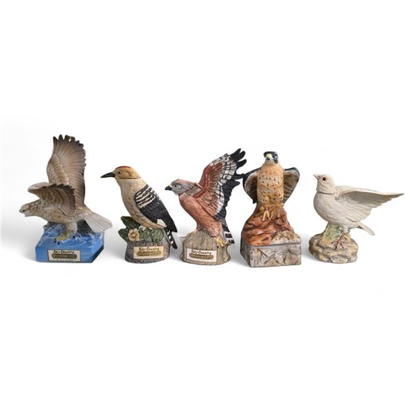 5 Vintage Ski Country Bourbon Whiskey Mini Decanters (Peace Dove, White Falcon, Gila Woodpecker, Red
