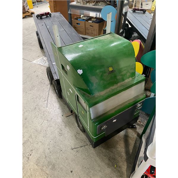 Custom John Deere-Themed Ride-On Semi Truck with Wooden Flatbed Trailer
