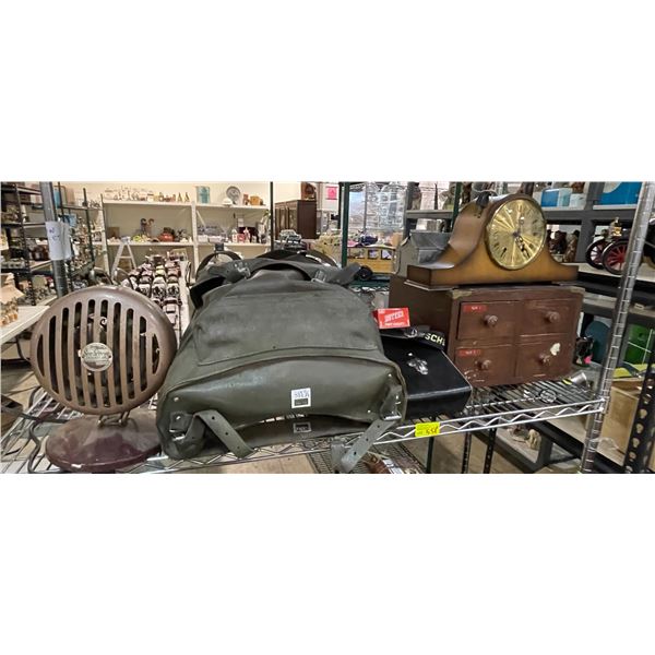 Shelf lot of Misc - Vintage Fan, Vintage Clock, Bag, Etc.
