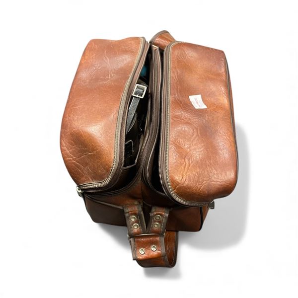 Brown Leather Bag w/Camera Parts - Lens, Flash, Paper, Wire, Etc.