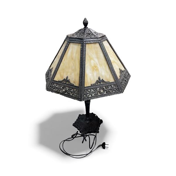 Antique Bradley & Hubbard Slag Glass Table Lamp - Heavy Cast Metal Filigree