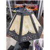 Image 2 : Antique Bradley & Hubbard Slag Glass Table Lamp - Heavy Cast Metal Filigree