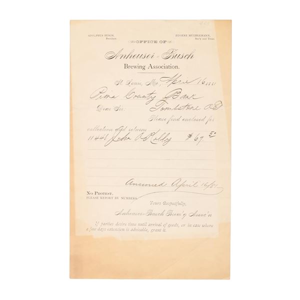 1881 Tombstone Anheuser-Busch Letter