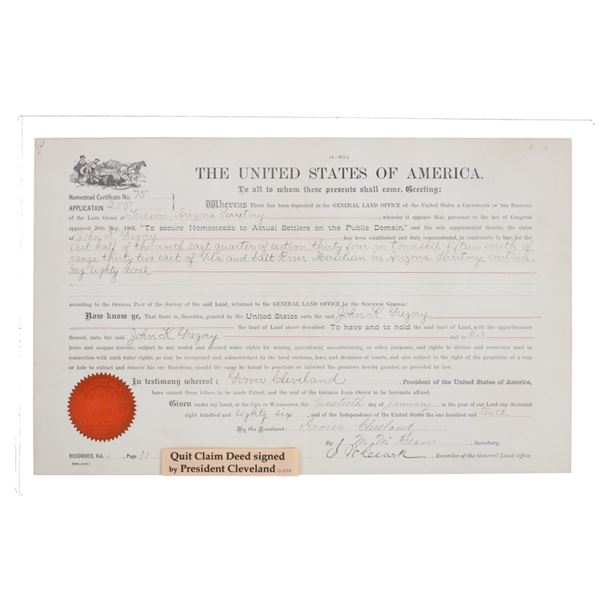 Signed Grover Cleveland Tombstone Quit Claim Deed