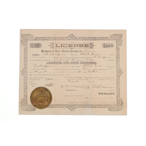Ca. 1887 Lincoln Co., New Mexico Gaming License