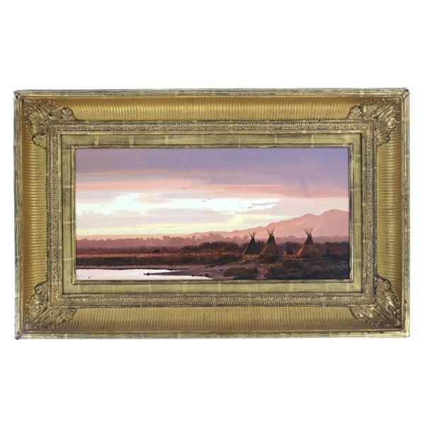 Michael Coleman (1946-) Oil of Tipi Camp at Sunset