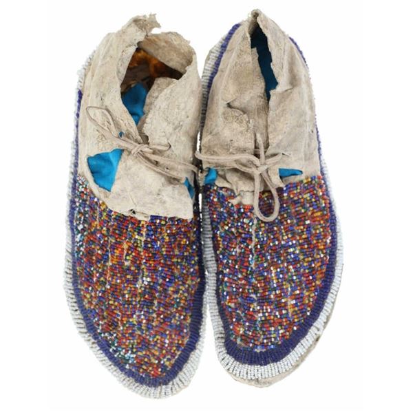 19th-Cent. Sioux Beaded Hard Sole Men's Moccasins