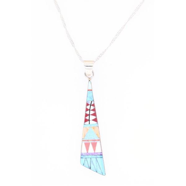Navajo Sterling Multi-Stone Inlay Pendant Necklace