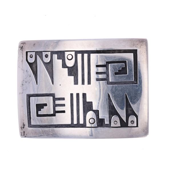 Hopi Signed Sterling Silver Overlay Belt Buckle