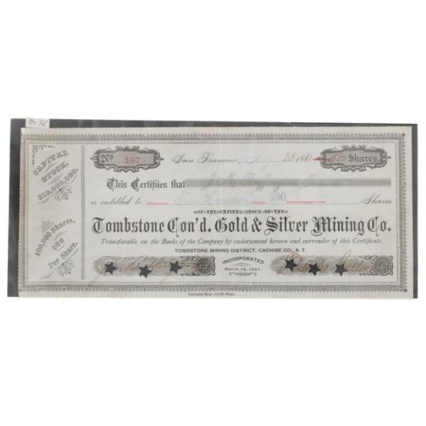1881 Tombstone Con'd Gold & Silver Mine Stock Cert