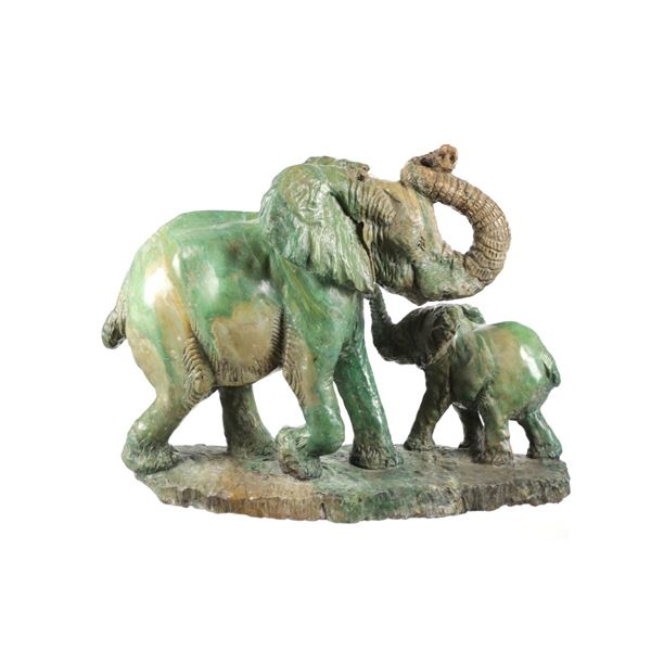 Verdite Mother & Baby Elephant 20th C. Hand Carved