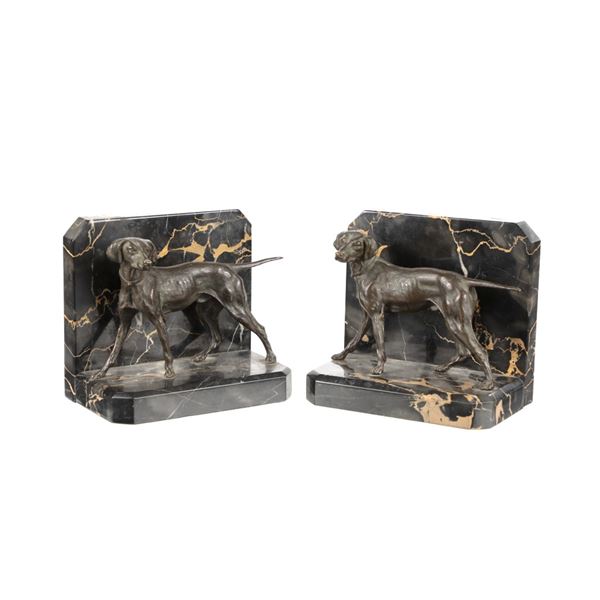 Bronze Hunting Pointer Marble Bookends c. 20th C