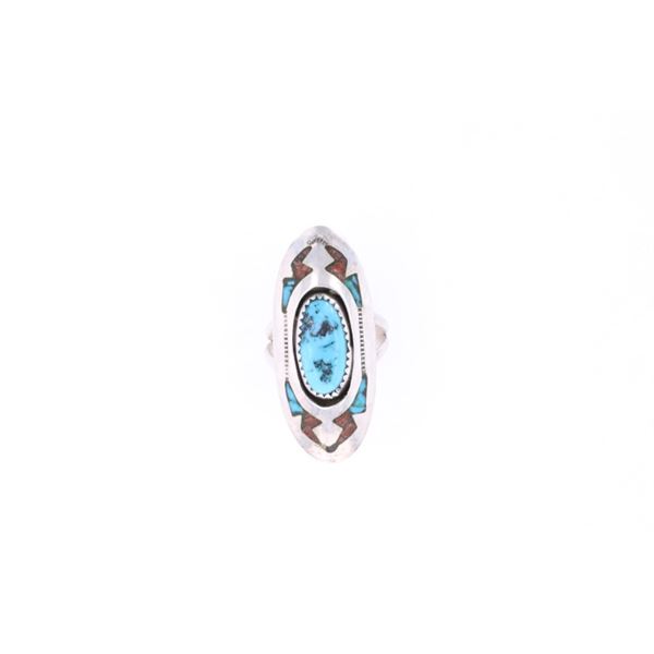 Navajo H. Begay Turquoise & Coral Shadowbox Ring