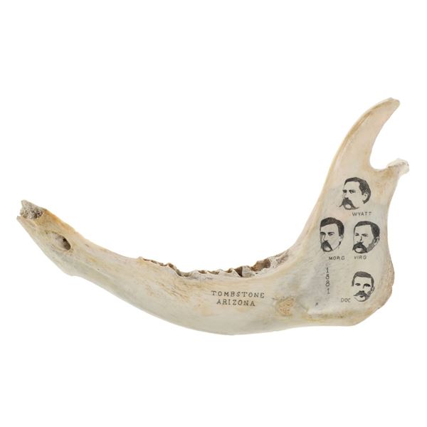 Rare O.K. Corral Tombstone Scrimshaw Elk Jawbone