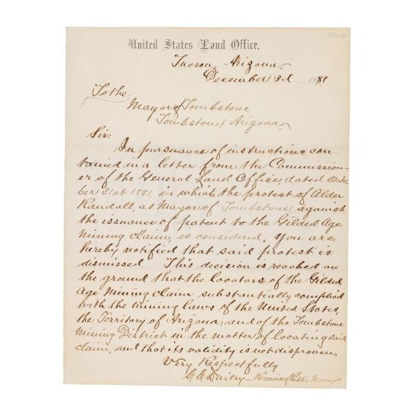 1881 Bailey to John Clum Gilded Age Mine Dispute