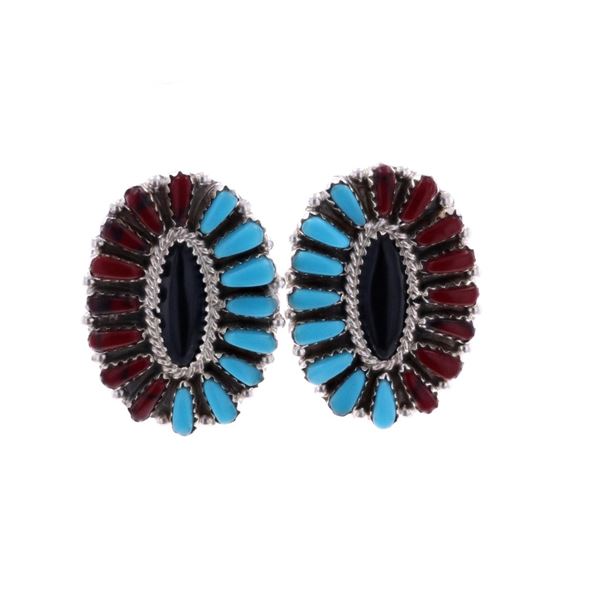 Navajo Sterling Turquoise Coral & Jet Earrings