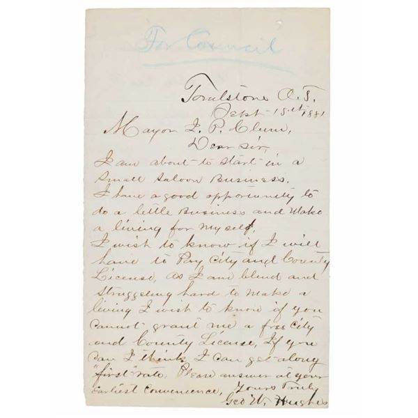 Ca. 1881 Tombstone Blind Man Saloon Liquor License