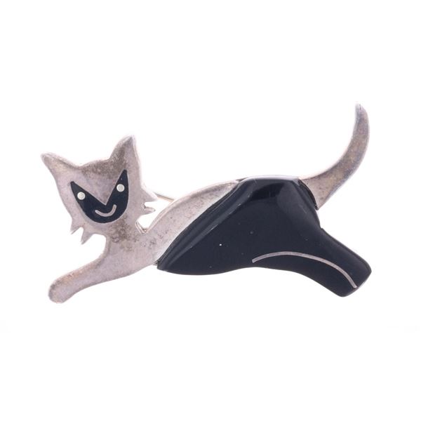 Taxco, Mexico Sterling Silver Jet Black Cat Brooch