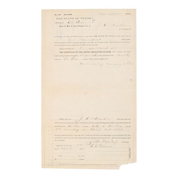 Ca. 1888 El Paso, Texas Bail Bond Document