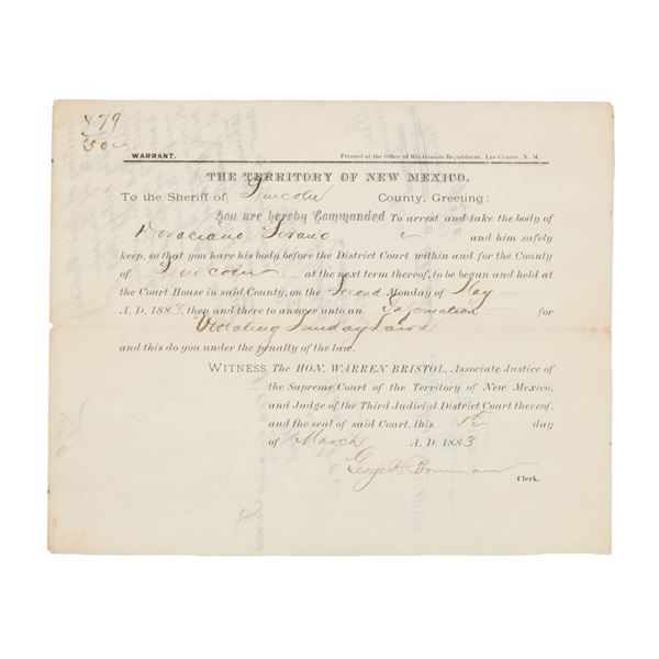1883 New Mexico Territory Warrant Donaciano Serano