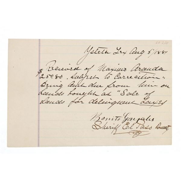 1881 El Paso Sheriff Delinquent Taxes Receipt