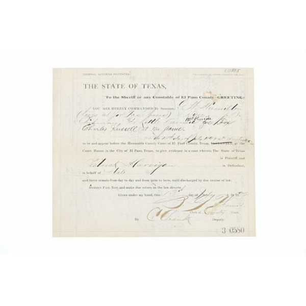 1892 Charles Russell ACME Saloon El Paso Subpoena