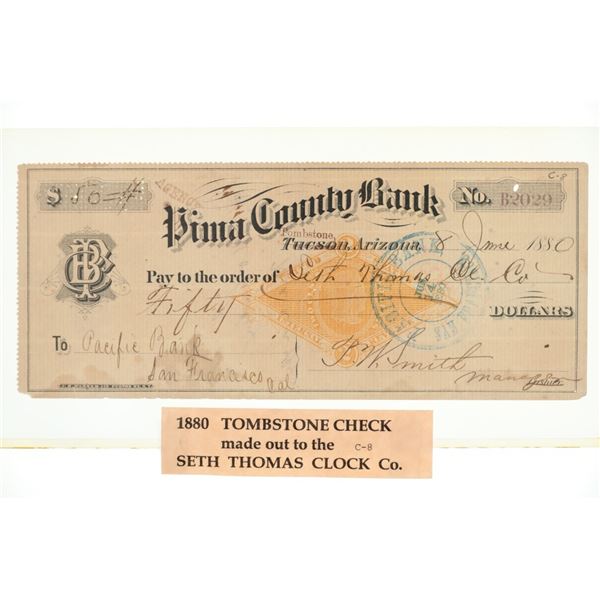 Ca. 1880 Seth Thomas Co. Pima County Bank Check